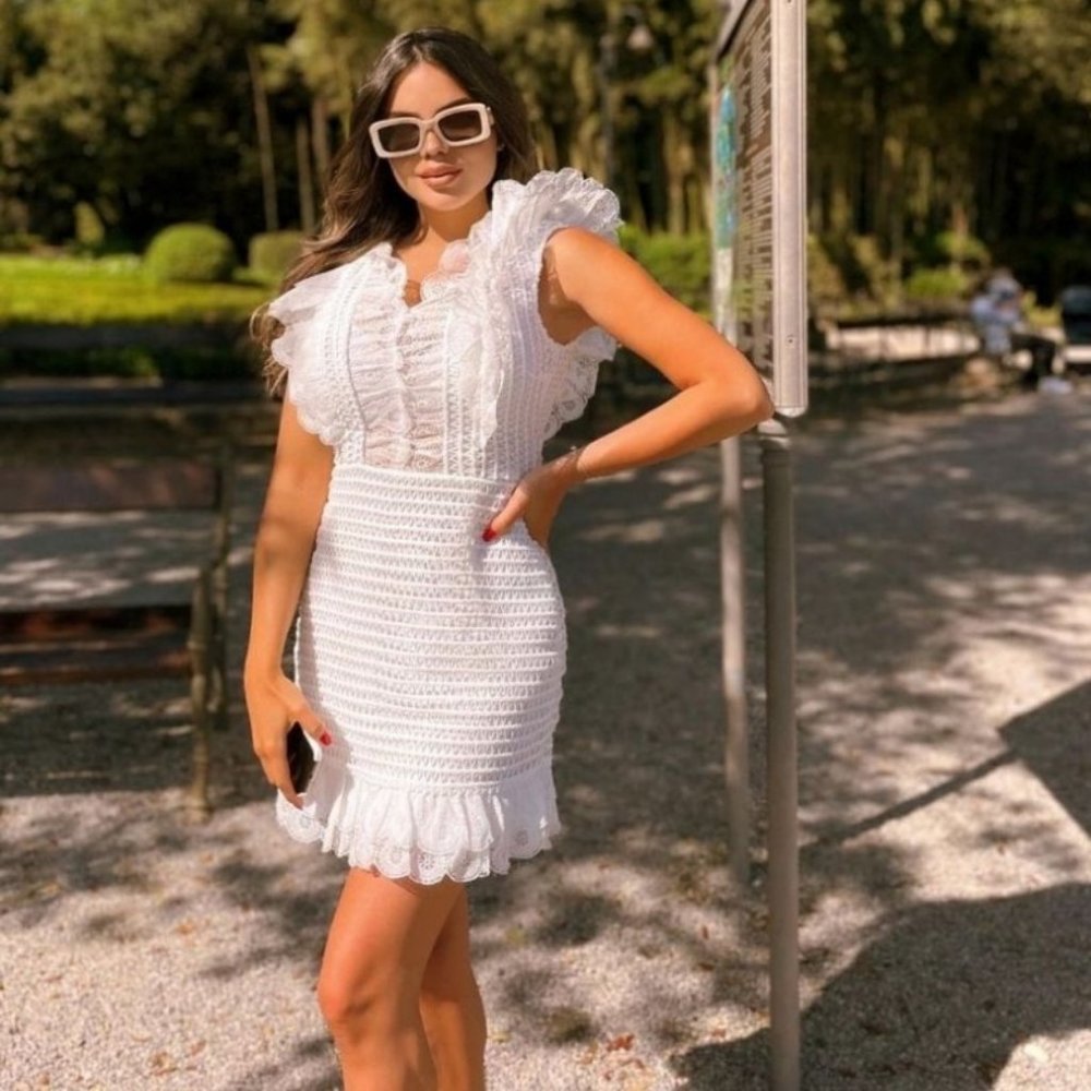 White Crochet Lace Sleeveless V-Neck Ruffle Detail Bodycon Mini Dress - Picture 12 of 15
